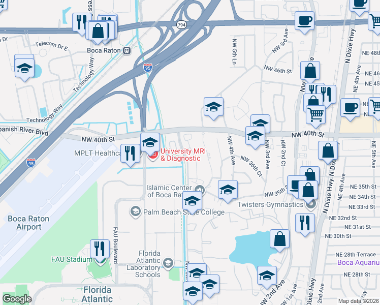 map of restaurants, bars, coffee shops, grocery stores, and more near 3811 Northwest 5th Terrace in Boca Raton