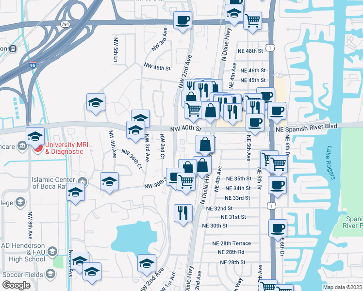 map of restaurants, bars, coffee shops, grocery stores, and more near 22 Northwest Boca Raton Boulevard in Boca Raton