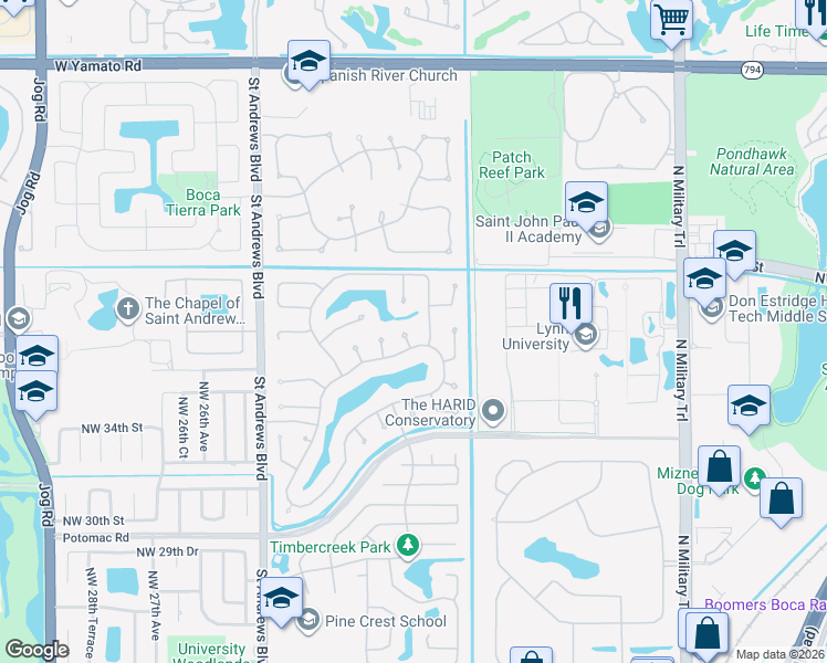 map of restaurants, bars, coffee shops, grocery stores, and more near 3745 Northwest 23rd Court in Boca Raton