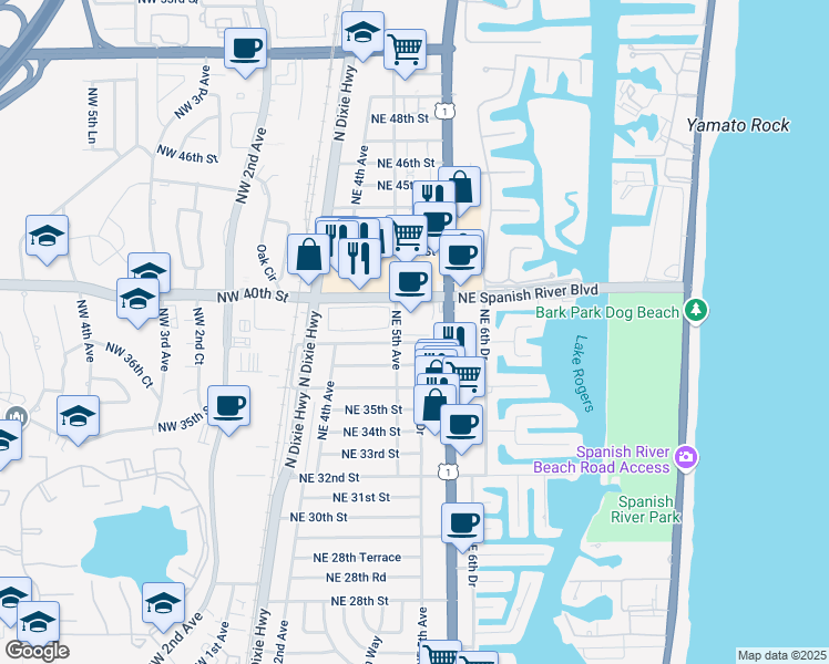 map of restaurants, bars, coffee shops, grocery stores, and more near 501531 Northeast 38th Street in Boca Raton