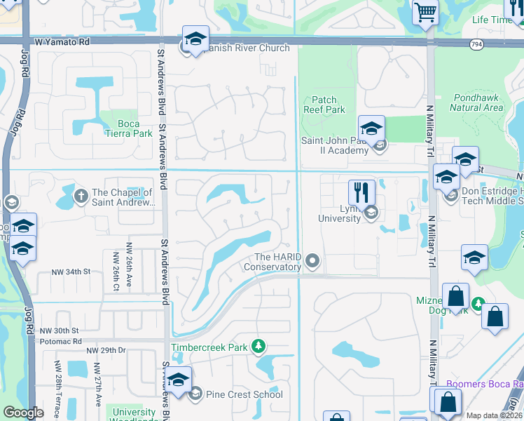 map of restaurants, bars, coffee shops, grocery stores, and more near 3745 Northwest 23rd Court in Boca Raton
