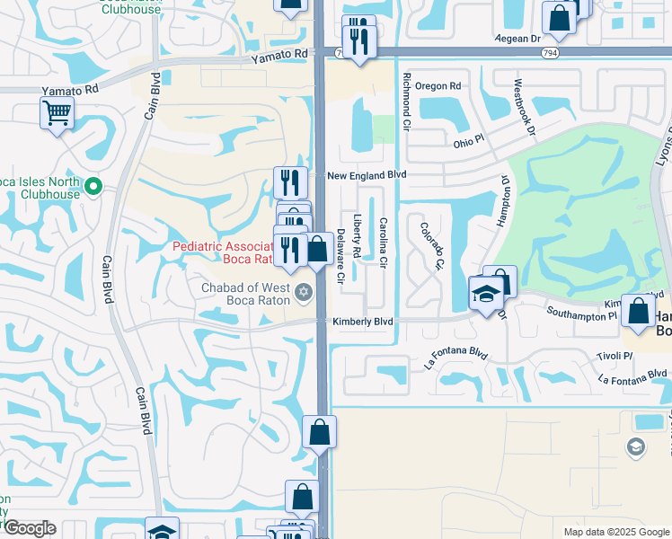 map of restaurants, bars, coffee shops, grocery stores, and more near 19577 Delaware Circle in Boca Raton