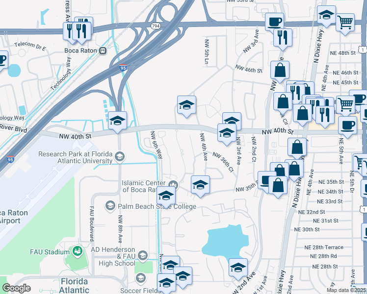 map of restaurants, bars, coffee shops, grocery stores, and more near 3804 Northwest 5th Avenue in Boca Raton
