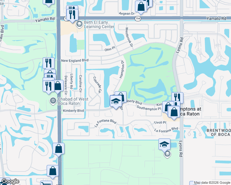 map of restaurants, bars, coffee shops, grocery stores, and more near 19662 Hampton Drive in Boca Raton