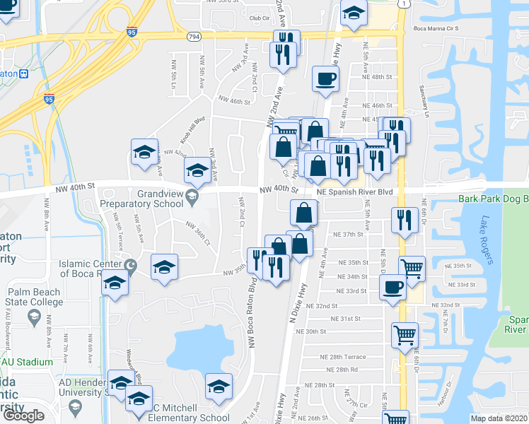 map of restaurants, bars, coffee shops, grocery stores, and more near 22 Northwest Boca Raton Boulevard in Boca Raton