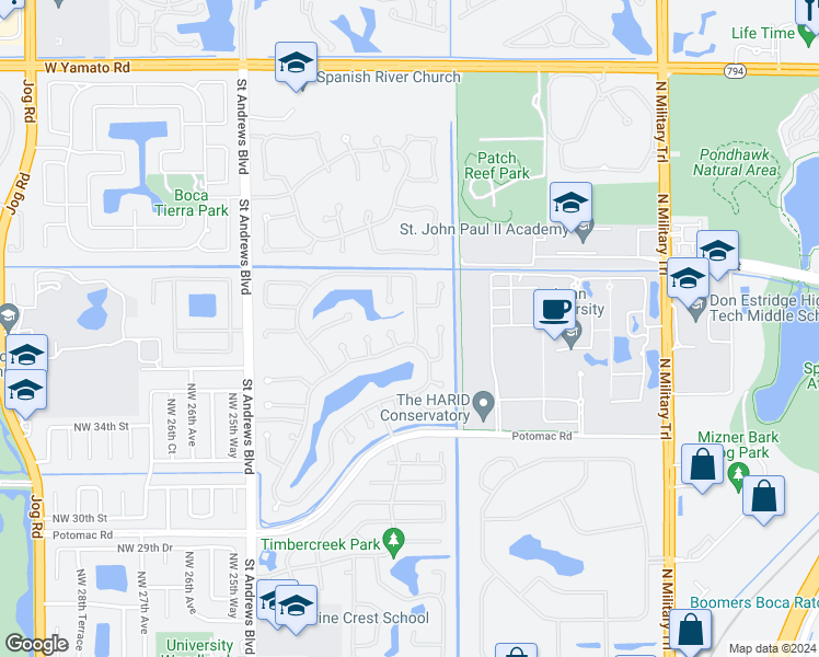 map of restaurants, bars, coffee shops, grocery stores, and more near 3745 Northwest 23rd Court in Boca Raton