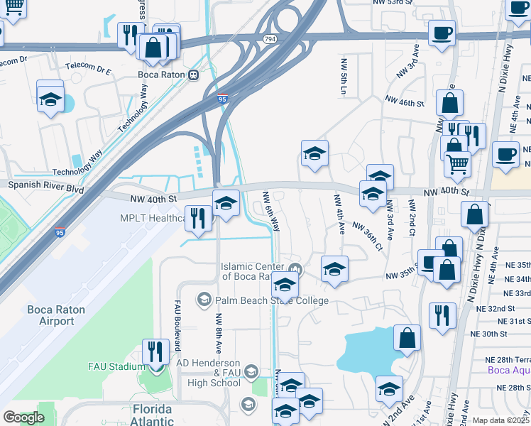 map of restaurants, bars, coffee shops, grocery stores, and more near 600 Northwest 38th Circle in Boca Raton