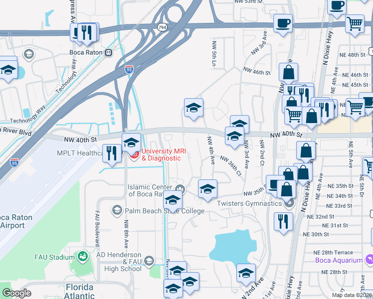 map of restaurants, bars, coffee shops, grocery stores, and more near 3803 Northwest 5th Avenue in Boca Raton