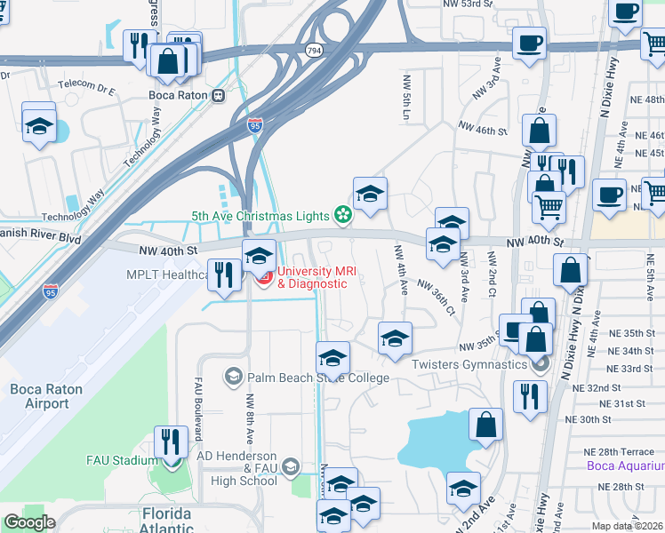 map of restaurants, bars, coffee shops, grocery stores, and more near 3826 Northwest 5th Terrace in Boca Raton