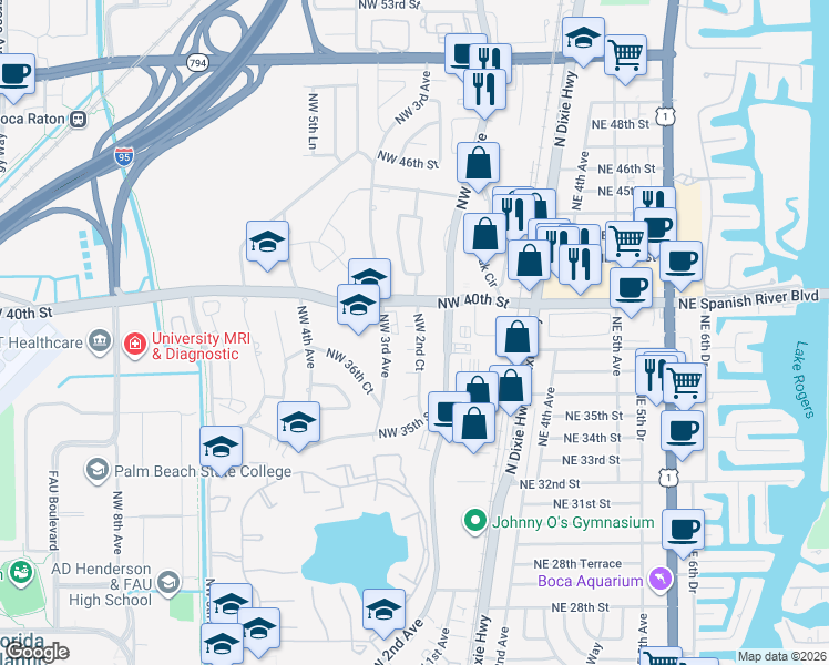 map of restaurants, bars, coffee shops, grocery stores, and more near 250 Northwest 39th Street in Boca Raton