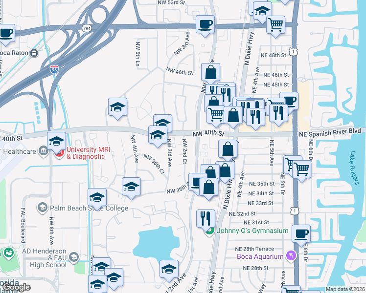 map of restaurants, bars, coffee shops, grocery stores, and more near 250 Northwest 39th Street in Boca Raton