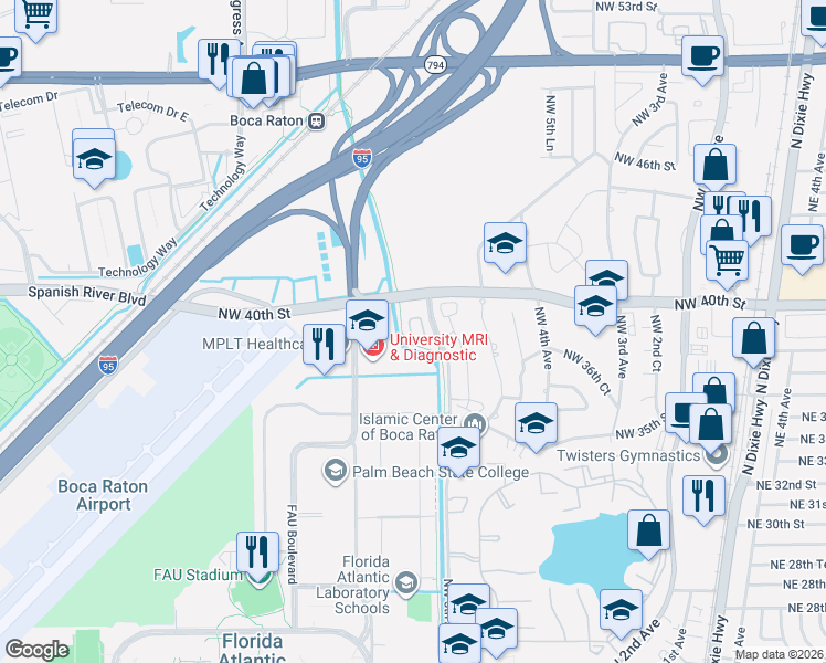 map of restaurants, bars, coffee shops, grocery stores, and more near 644 Northwest 38th Circle in Boca Raton