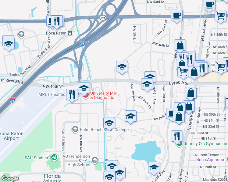 map of restaurants, bars, coffee shops, grocery stores, and more near 3804 Northwest 5th Avenue in Boca Raton