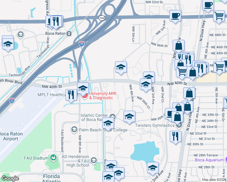 map of restaurants, bars, coffee shops, grocery stores, and more near 3855 Northwest 5th Avenue in Boca Raton