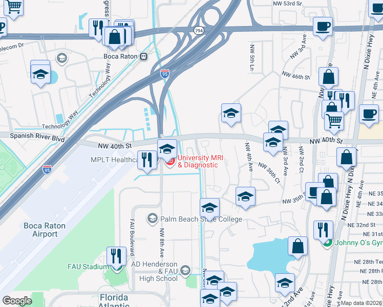 map of restaurants, bars, coffee shops, grocery stores, and more near 609 Northwest 38th Circle in Boca Raton