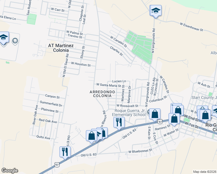 map of restaurants, bars, coffee shops, grocery stores, and more near 518 West Santa Maria Street in Rio Grande City