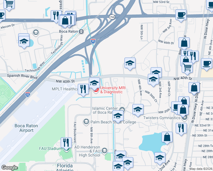 map of restaurants, bars, coffee shops, grocery stores, and more near 644 Northwest 38th Circle in Boca Raton