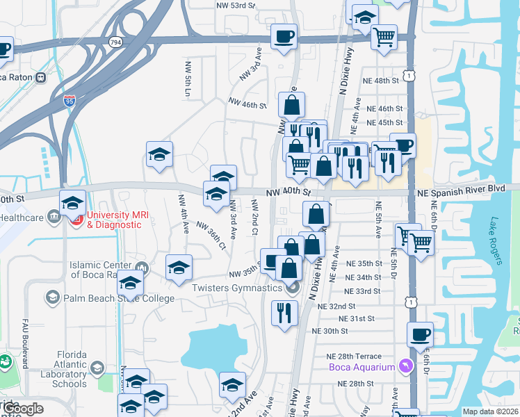 map of restaurants, bars, coffee shops, grocery stores, and more near 250 Northwest 39th Street in Boca Raton