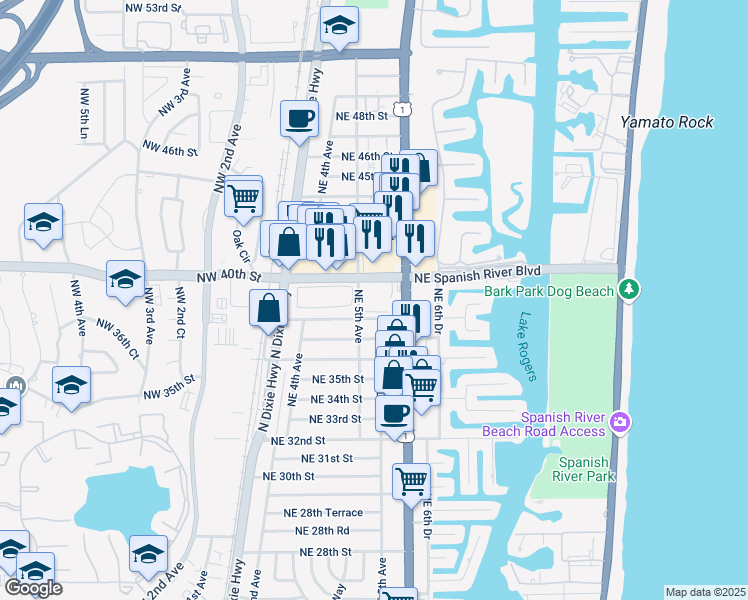 map of restaurants, bars, coffee shops, grocery stores, and more near 501531 Northeast 38th Street in Boca Raton
