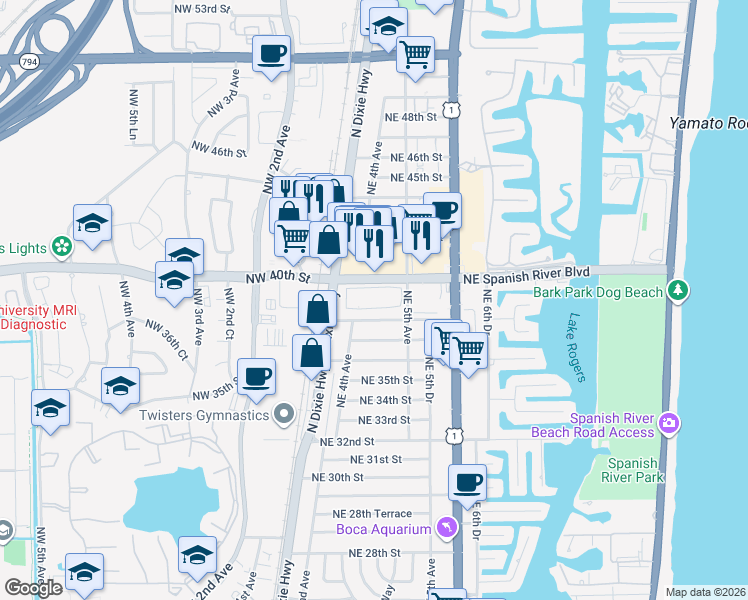 map of restaurants, bars, coffee shops, grocery stores, and more near 401 Northeast 38th Street in Boca Raton