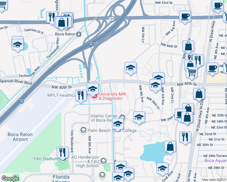 map of restaurants, bars, coffee shops, grocery stores, and more near 3826 Northwest 5th Terrace in Boca Raton