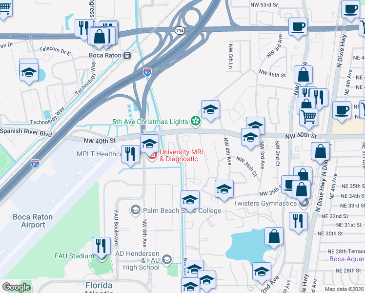 map of restaurants, bars, coffee shops, grocery stores, and more near 3847 Northwest 5th Terrace in Boca Raton