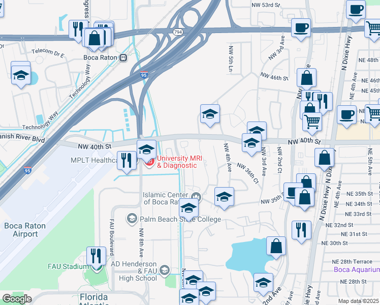 map of restaurants, bars, coffee shops, grocery stores, and more near 3830 Northwest 5th Terrace in Boca Raton