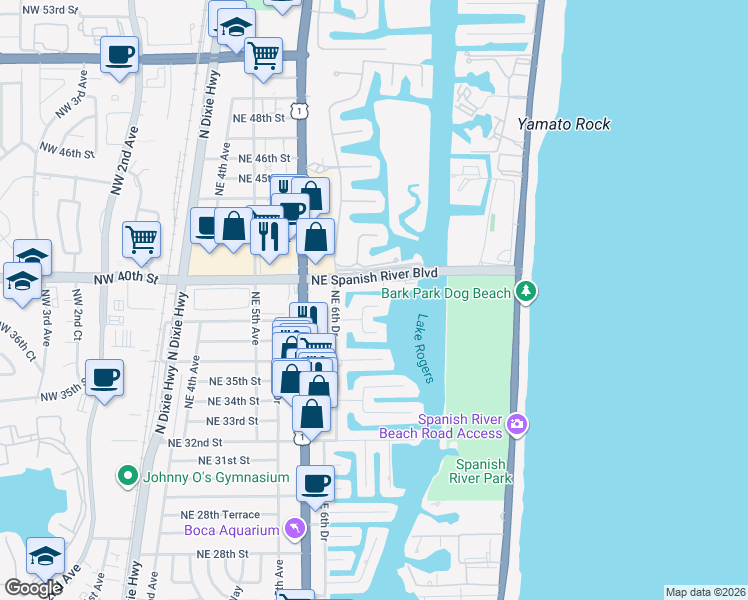map of restaurants, bars, coffee shops, grocery stores, and more near 800 Northeast 39th Street in Boca Raton