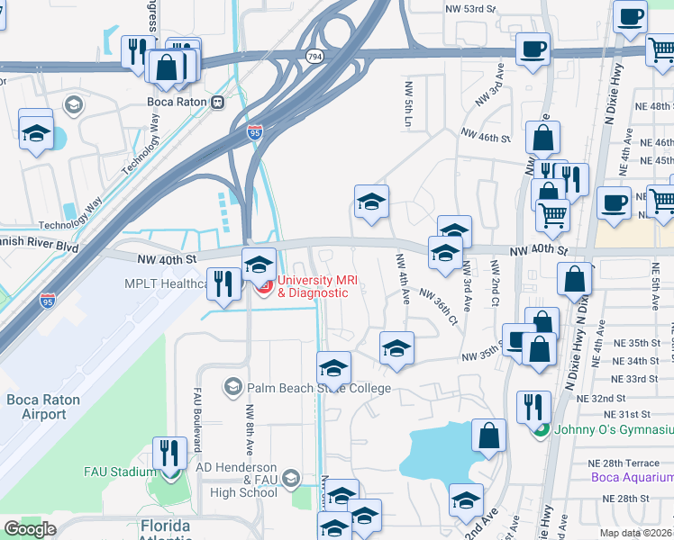 map of restaurants, bars, coffee shops, grocery stores, and more near 3826 Northwest 5th Terrace in Boca Raton