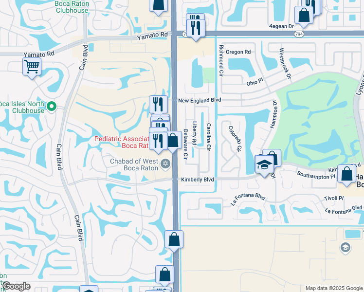 map of restaurants, bars, coffee shops, grocery stores, and more near 19577 Delaware Circle in Boca Raton