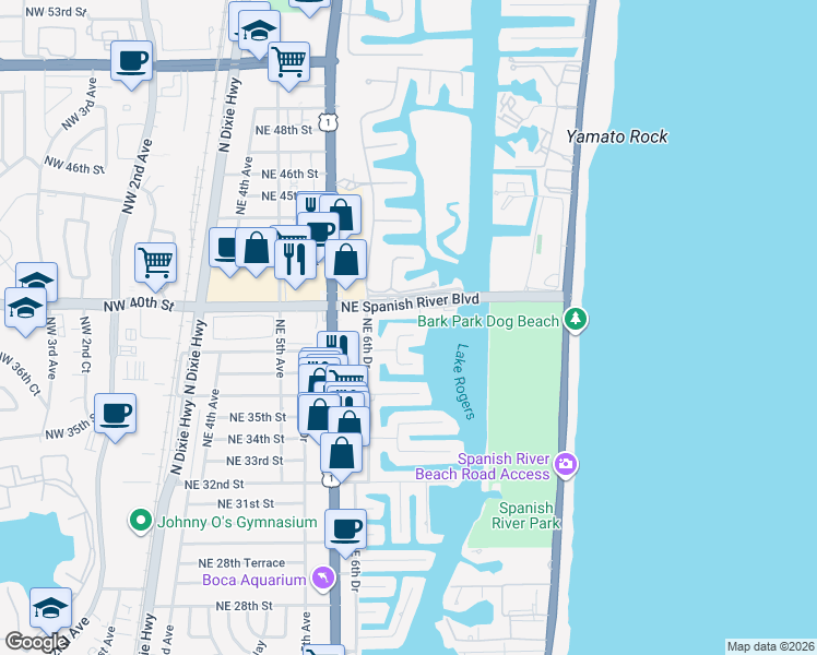 map of restaurants, bars, coffee shops, grocery stores, and more near 800 Northeast 39th Street in Boca Raton