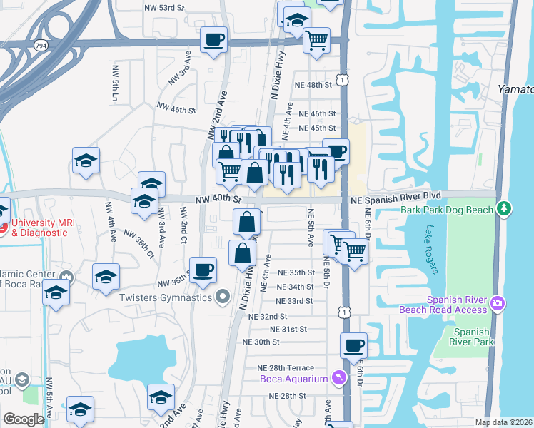 map of restaurants, bars, coffee shops, grocery stores, and more near 401 Northeast 38th Street in Boca Raton