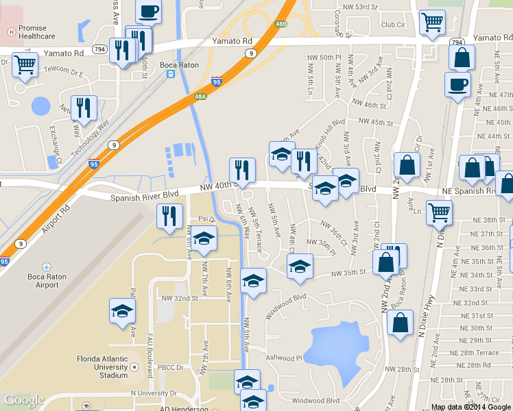 map of restaurants, bars, coffee shops, grocery stores, and more near 3826 Northwest 5th Terrace in Boca Raton
