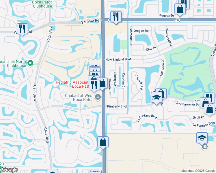 map of restaurants, bars, coffee shops, grocery stores, and more near 19577 Delaware Circle in Boca Raton
