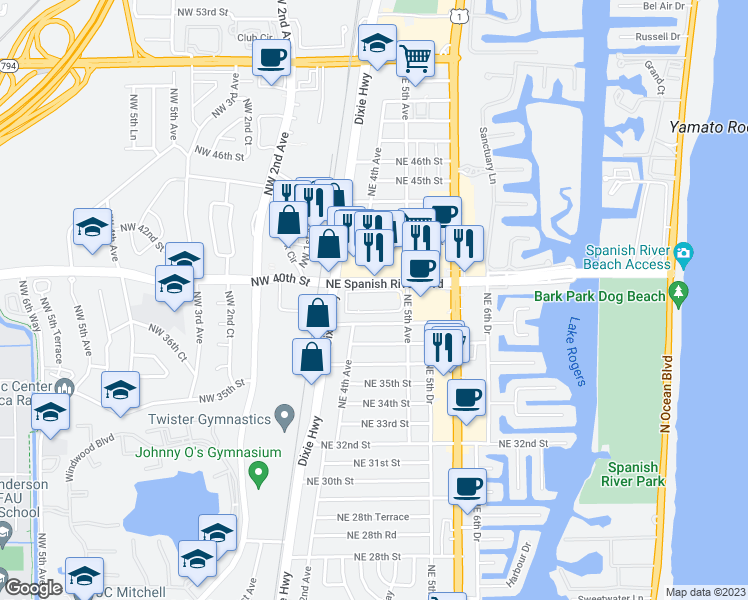 map of restaurants, bars, coffee shops, grocery stores, and more near 3939 Northeast 5th Avenue in Boca Raton
