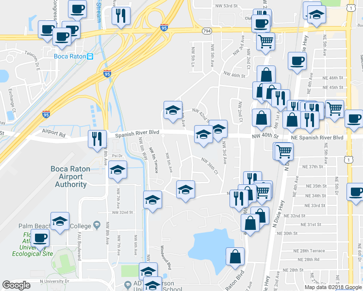 map of restaurants, bars, coffee shops, grocery stores, and more near 3910 Northwest 4th Court in Boca Raton