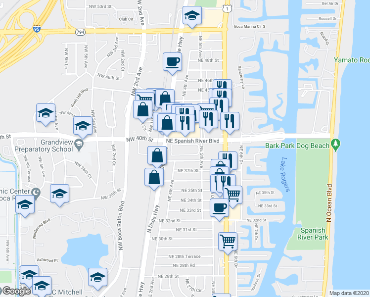 map of restaurants, bars, coffee shops, grocery stores, and more near 401 Northeast 38th Street in Boca Raton