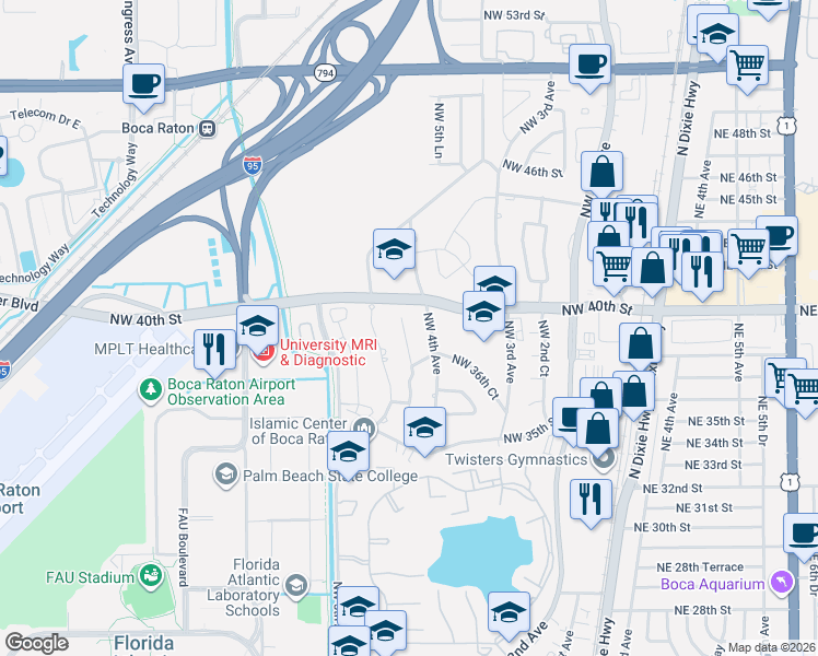 map of restaurants, bars, coffee shops, grocery stores, and more near 3839 Northwest 4th Avenue in Boca Raton