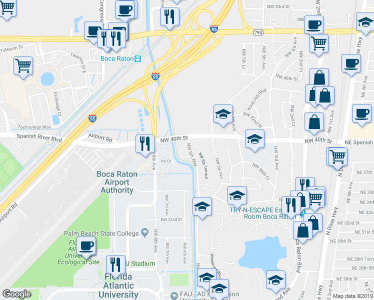 map of restaurants, bars, coffee shops, grocery stores, and more near 644 Northwest 38th Circle in Boca Raton