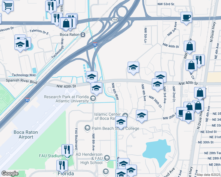 map of restaurants, bars, coffee shops, grocery stores, and more near 644 Northwest 38th Circle in Boca Raton