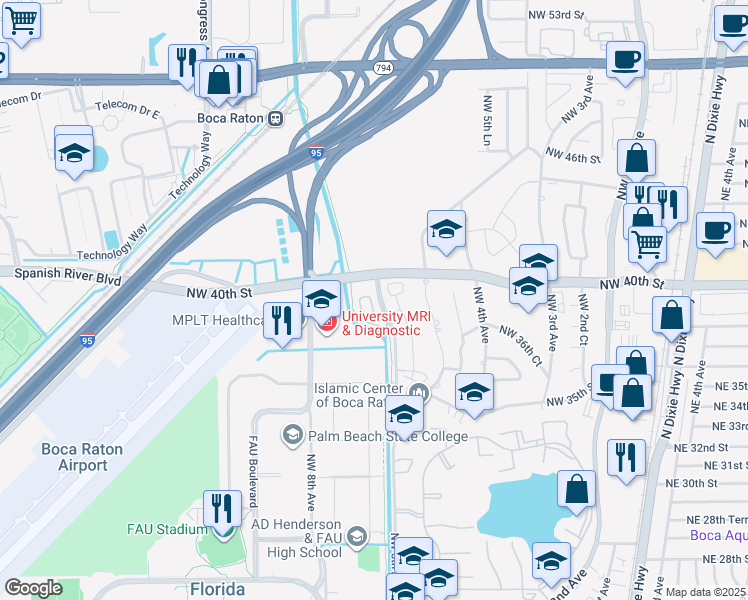 map of restaurants, bars, coffee shops, grocery stores, and more near 644 Northwest 38th Circle in Boca Raton