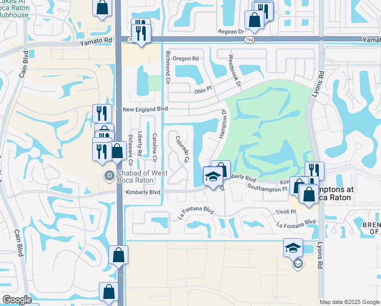 map of restaurants, bars, coffee shops, grocery stores, and more near 19536 Colorado Circle in Boca Raton