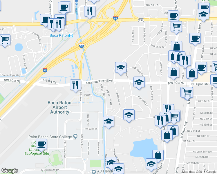 map of restaurants, bars, coffee shops, grocery stores, and more near 3826 Northwest 5th Terrace in Boca Raton