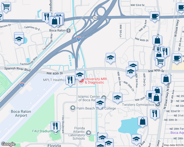 map of restaurants, bars, coffee shops, grocery stores, and more near 622 Northwest 38th Circle in Boca Raton