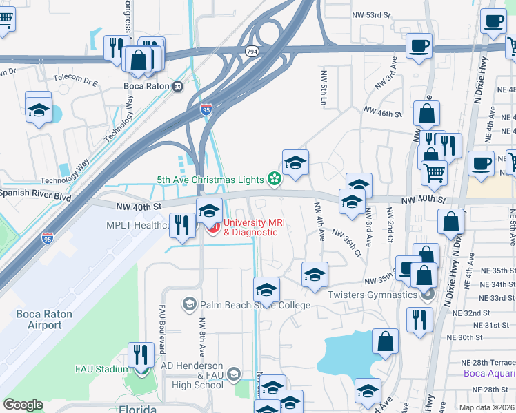 map of restaurants, bars, coffee shops, grocery stores, and more near 3826 Northwest 5th Terrace in Boca Raton