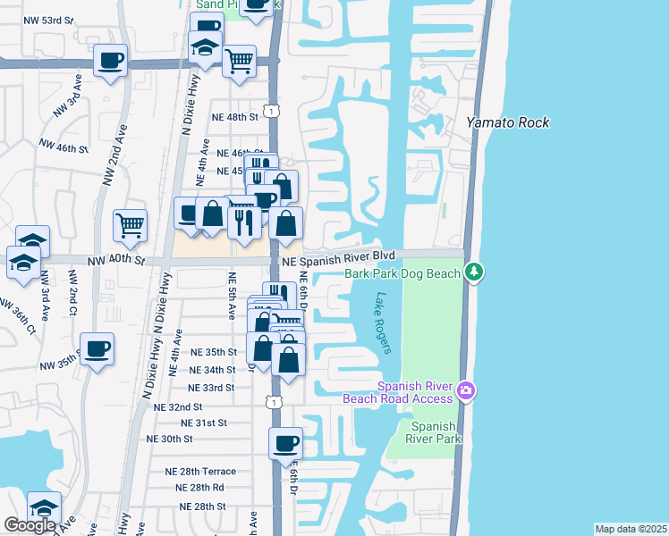 map of restaurants, bars, coffee shops, grocery stores, and more near 751 Northeast 40th Road in Boca Raton