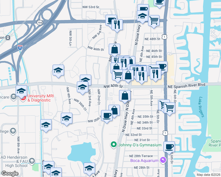 map of restaurants, bars, coffee shops, grocery stores, and more near 4031 Northwest 2nd Avenue in Boca Raton