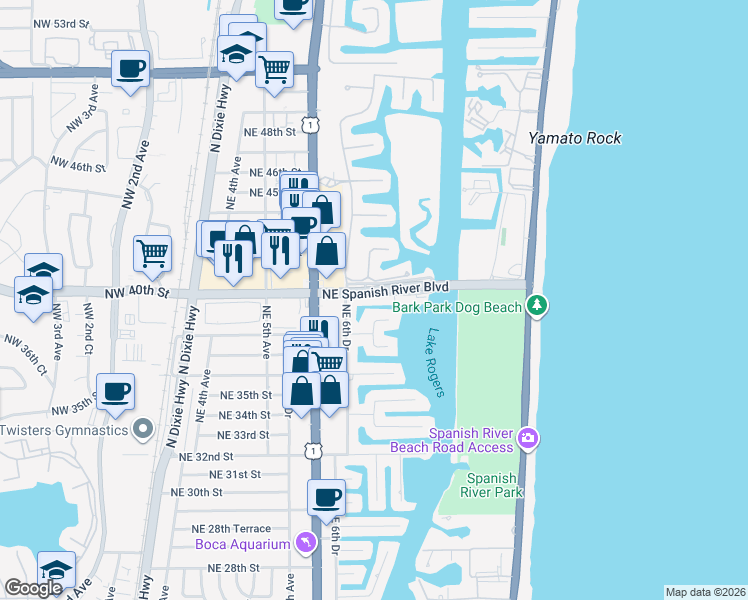 map of restaurants, bars, coffee shops, grocery stores, and more near 4001 Ibis Point Circle in Boca Raton