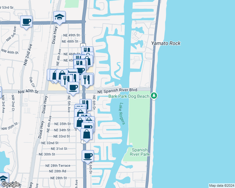map of restaurants, bars, coffee shops, grocery stores, and more near 1971 Northeast Spanish River Boulevard in Boca Raton