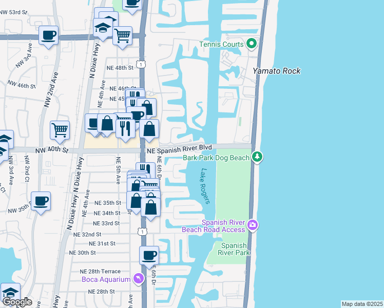 map of restaurants, bars, coffee shops, grocery stores, and more near 751 Northeast 40th Road in Boca Raton